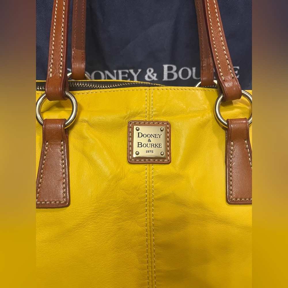 Dooney & Bourke Bright Yellow Leather Tote with Brown Straps and Dust Bag - Picture 4 of 16